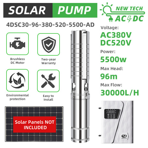 4" AC/DC Solar Bore Well Pump 5.5KW 380V 3-Phase Hybrid Inverter 96m 30m3/h