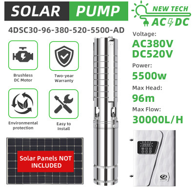 4" AC/DC Solar Bore Well Pump 5.5KW 380V 3-Phase Hybrid Inverter 96m 30m3/h