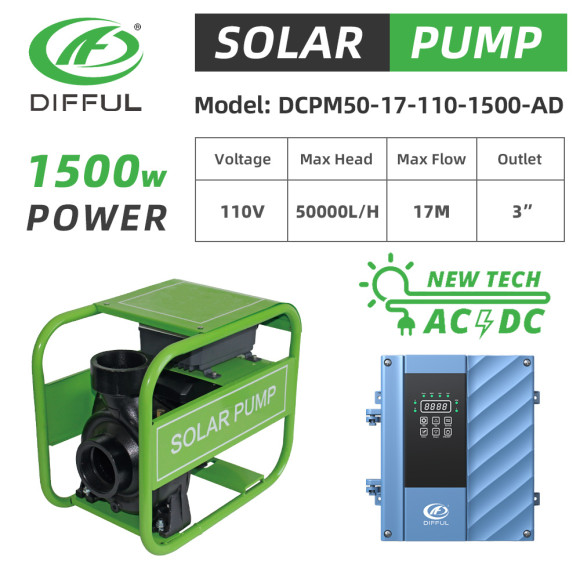 DIFFUL WBS 2HP 50m3/H Hybrid Solar Powered AC/DC Pressure Pump Surface Water Transfer Irrigation