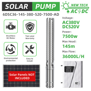 DIFFUL WBS 6" AC/DC Solar Bore Well Pump 10HP 7.5KW 380V 3-Phase Hybrid Inverter 145m 36m3/h