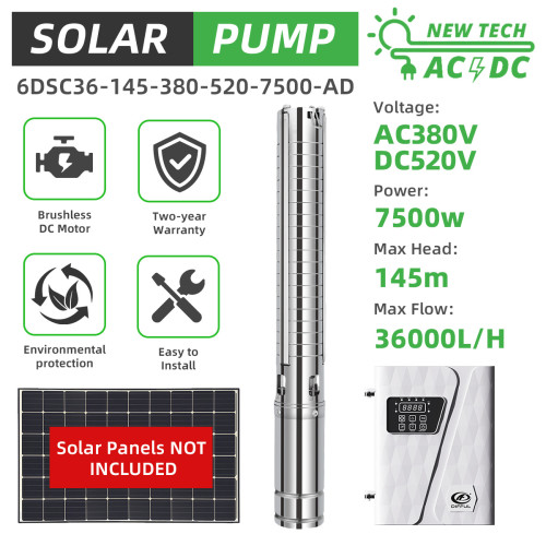 DIFFUL WBS 6" AC/DC Solar Bore Well Pump 10HP 7.5KW 380V 3-Phase Hybrid Inverter 145m 36m3/h