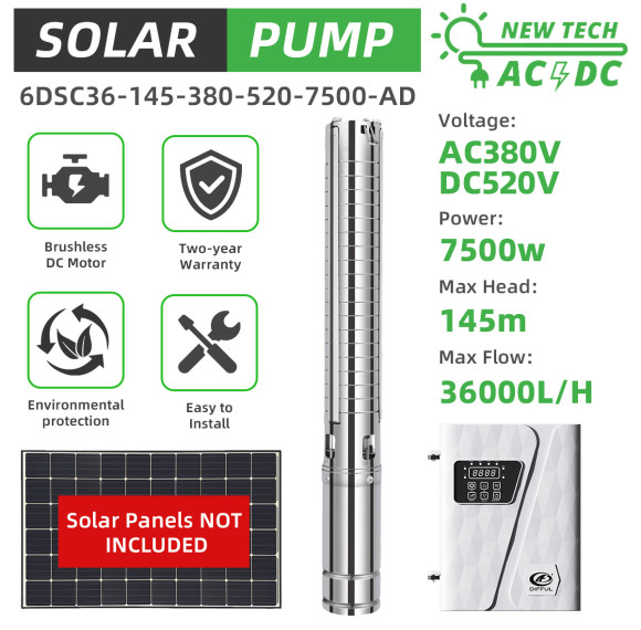 DIFFUL WBS 6" AC/DC Solar Bore Well Pump 10HP 7.5KW 380V 3-Phase Hybrid Inverter 145m 36m3/h