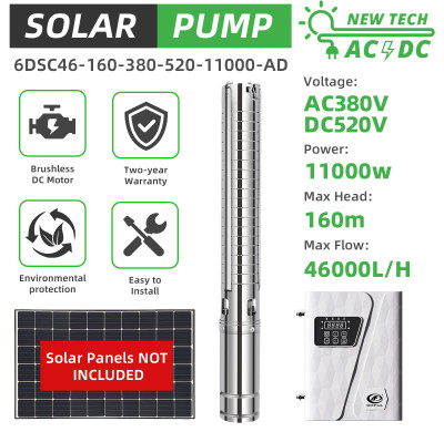 DIFFUL WBS 6" AC/DC Solar Bore Well Pump  11KW 380V 3-Phase Hybrid Inverter 160m 46m3/h