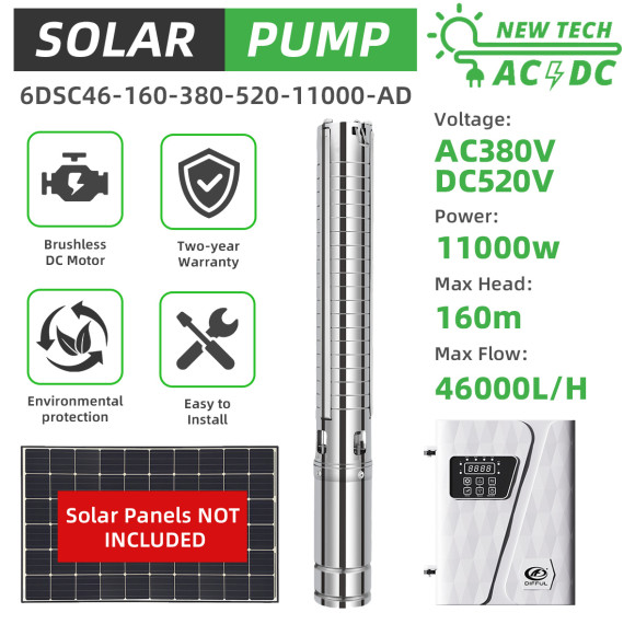 DIFFUL WBS 6" AC/DC Solar Bore Well Pump 11KW 380V 3-Phase Hybrid Inverter 160m 46m3/h