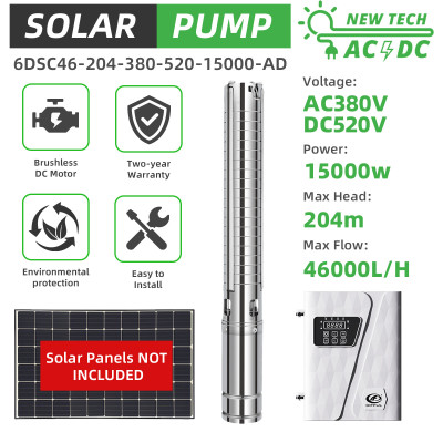 DIFFUL WBS 6inch AC/DC Solar Bore Well Pump 20HP 15KW 380V 3-Phase Hybrid Inverter 204m 46m3/h