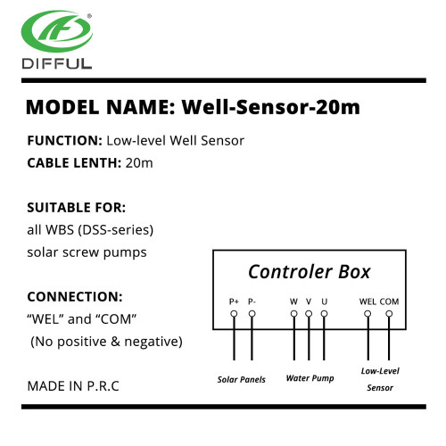 DIFFUL WBS Low Level Sensor for Solar Bore Well Pump Float Switch Tank Pool Water 20m Cable