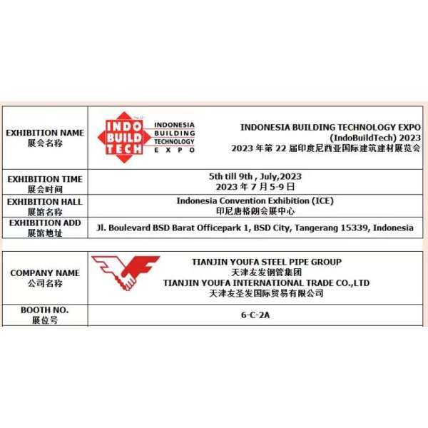 Youfa Steel Pipes and Pipe Fittings show on INDO BUILD TECH on 5th July