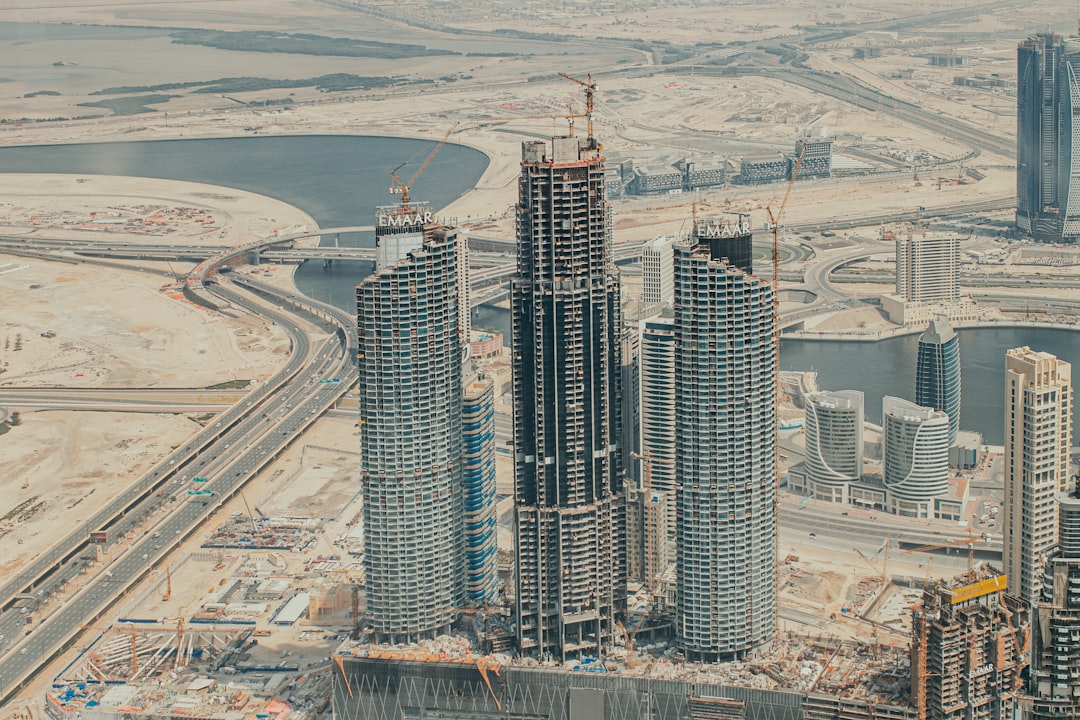 Structural steel framework of a high-rise building under construction in Dubai