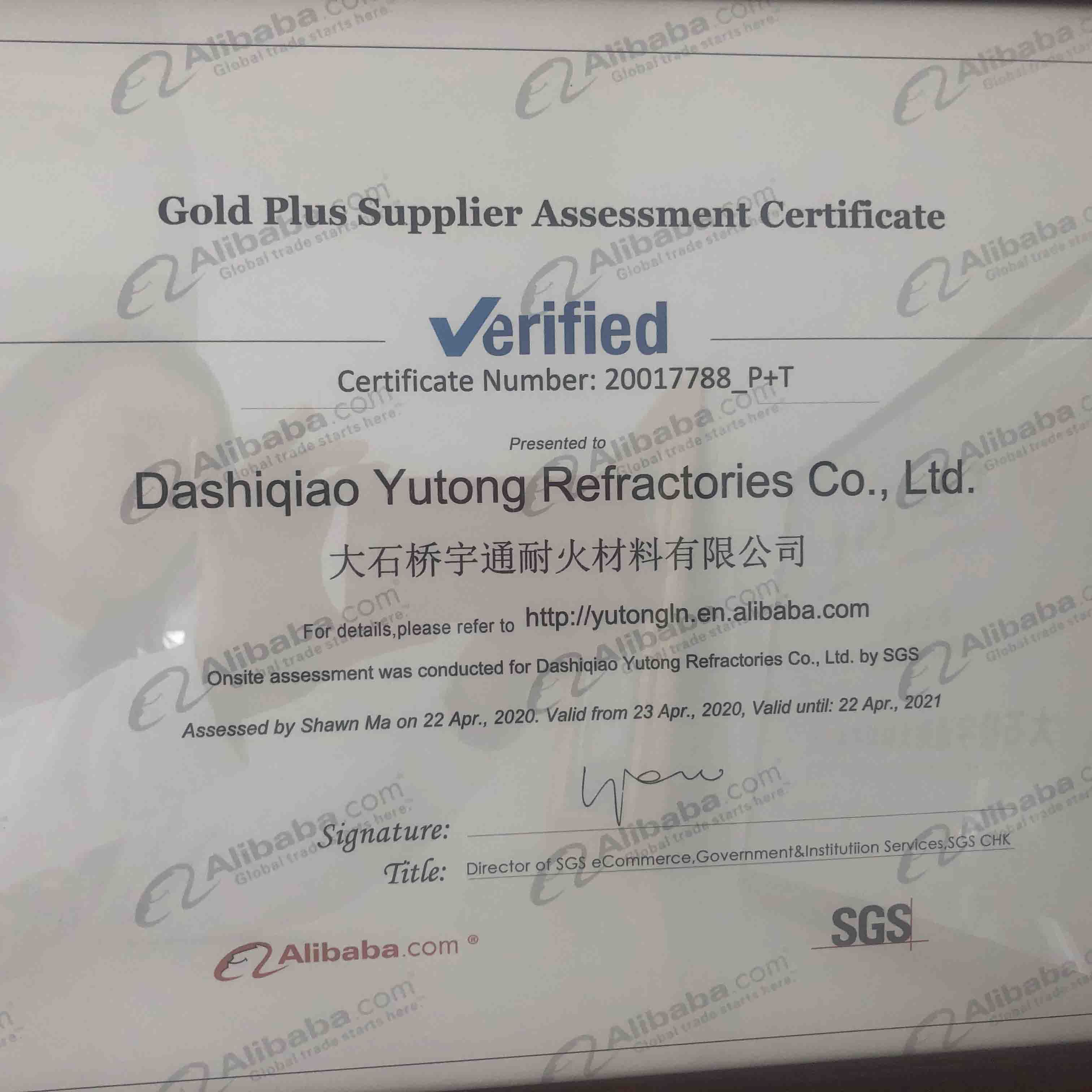 Dashiqiao Yutong Refractories Co., Ltd had owned the Gold Plus Supplier Assessment Certificates in 2020's summer.We have cooperated with Alibaba for more than 15 years.It's a real honor.Thank you Alibaba,Thank you everyone!