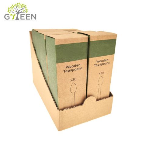Cubiertos de madera desechables ecológicos con embalaje CDU / caja SRP