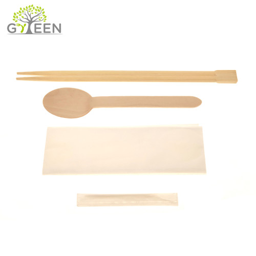 Одноразовые бамбуковые палочки для еды и деревянная ложка с бумажным пакетом