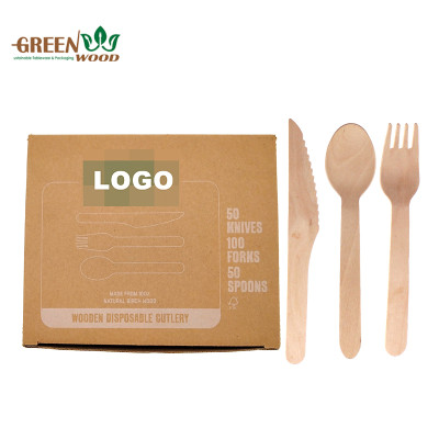 Eco-Friendly Disposable Wooden Cutlery with Paper Box -300pcs