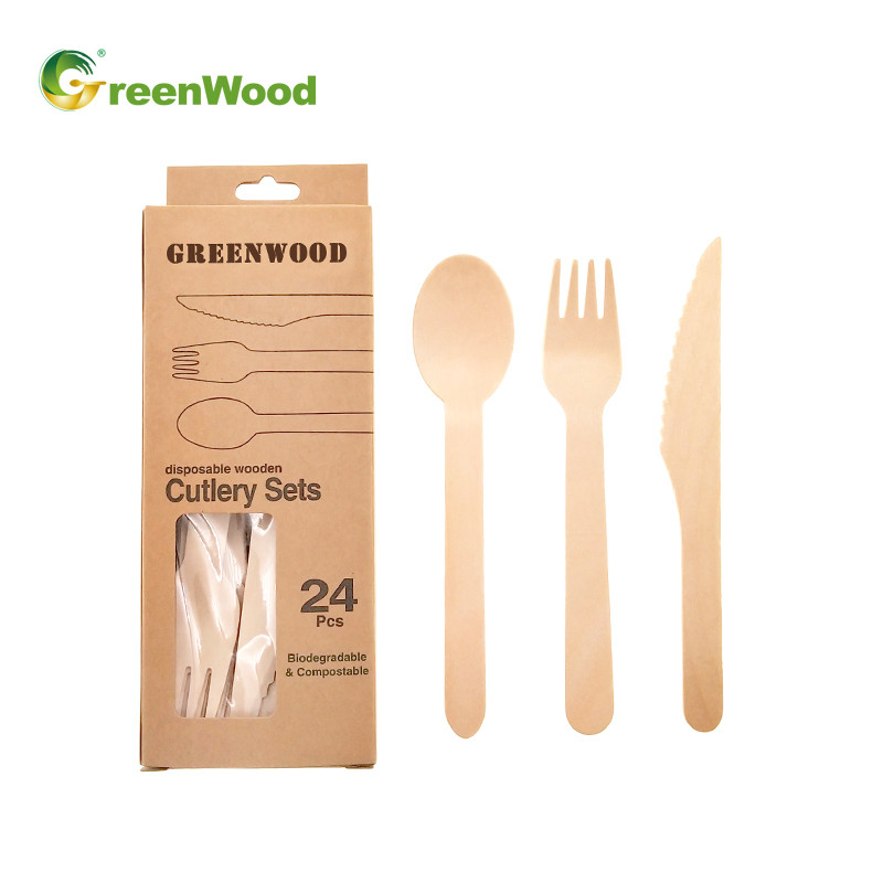 Wooden Tableware Packing,Wooden Tableware Private Label,Wooden Cutlery Paper Box With Hanger 24pcs Set,Wooden Cutlery Packing