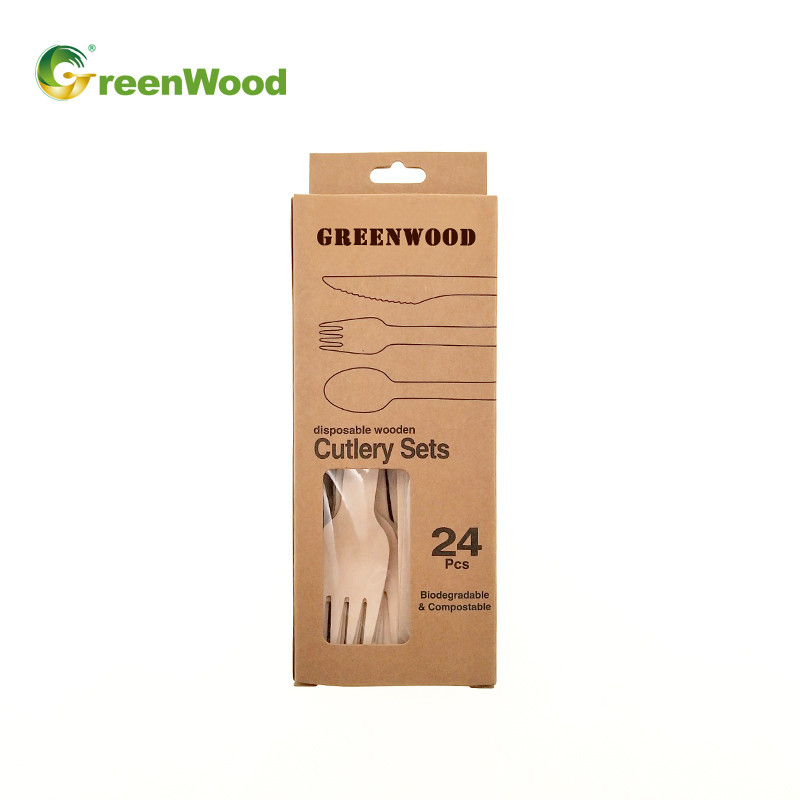 Wooden Tableware Eco-Friendly Disposable Wooden Cutlery Paper Box With Hanger -24pcs Set