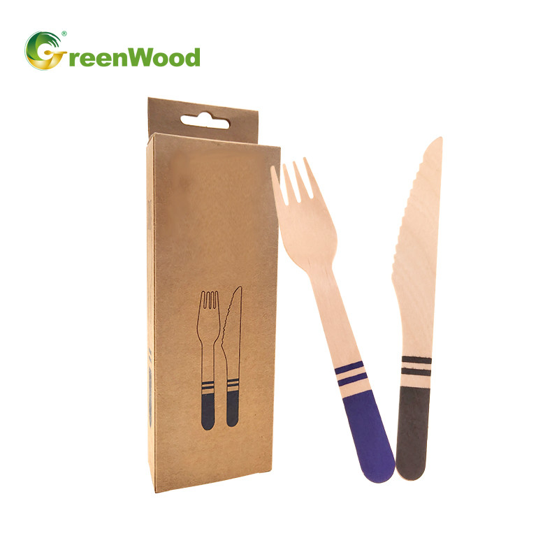 Wooden Tableware Eco-Friendly Disposable Wooden Cutlery Paper Box With Hanger -24pcs Set