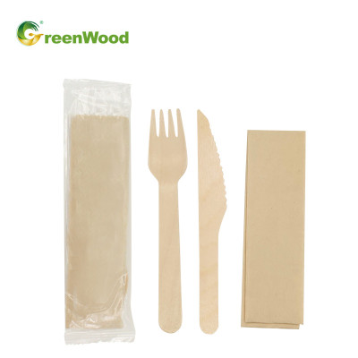 Birch Cutlery Eco-Friendly Disposable Wooden Cutlery Kit with OPP Wrapped Wooden Tableware