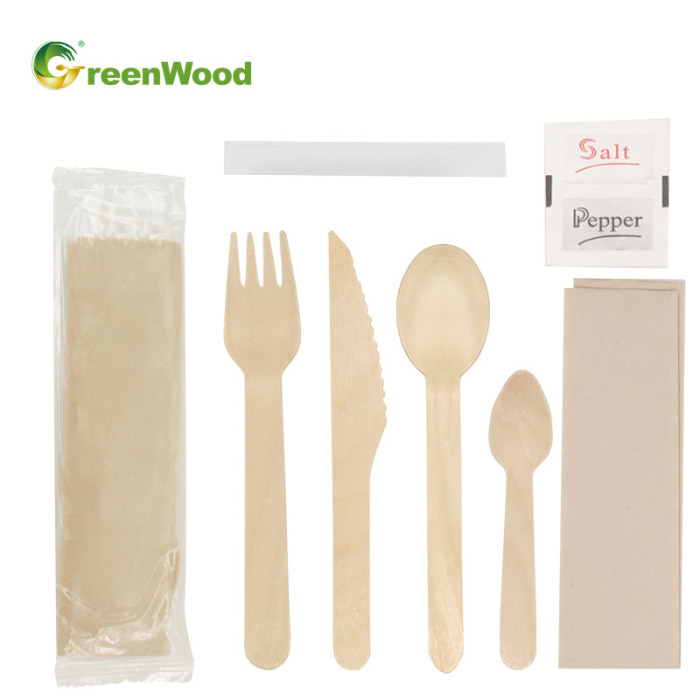 Birch Cutlery Eco-Friendly Disposable Wooden Cutlery Kit with OPP Wrapped Wooden Tableware