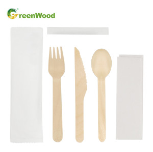 Private Label Eco-Friendly Disposable Wooden Tableware Set with White Paper Bag Customized Logo