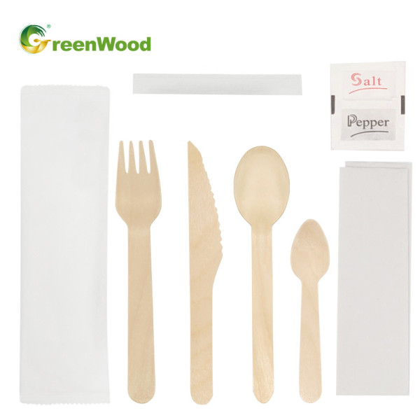 Private Label Wooden Cutlery Set Eco-Friendly Disposable Wooden Tableware Set with White Paper Bag Cutlery Set Customized Logo