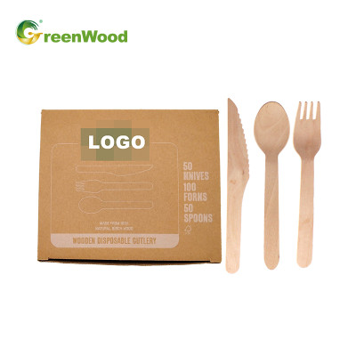 Eco-Friendly Disposable Wooden Cutlery kits with Paper Box -300pcs Wooden Knife Fork Spoon Cutlery Set