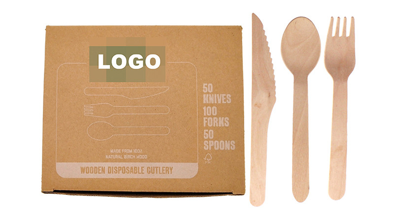 Eco-Friendly Disposable Wooden Cutlery kits with Paper Box -300pcs Wooden Knife Fork Spoon Cutlery Set