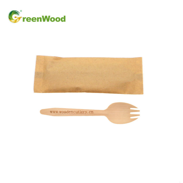 Birch Spork Material Disposable Wooden Spork for Party Used Single Wrapped Spork Paper Bag Private Label