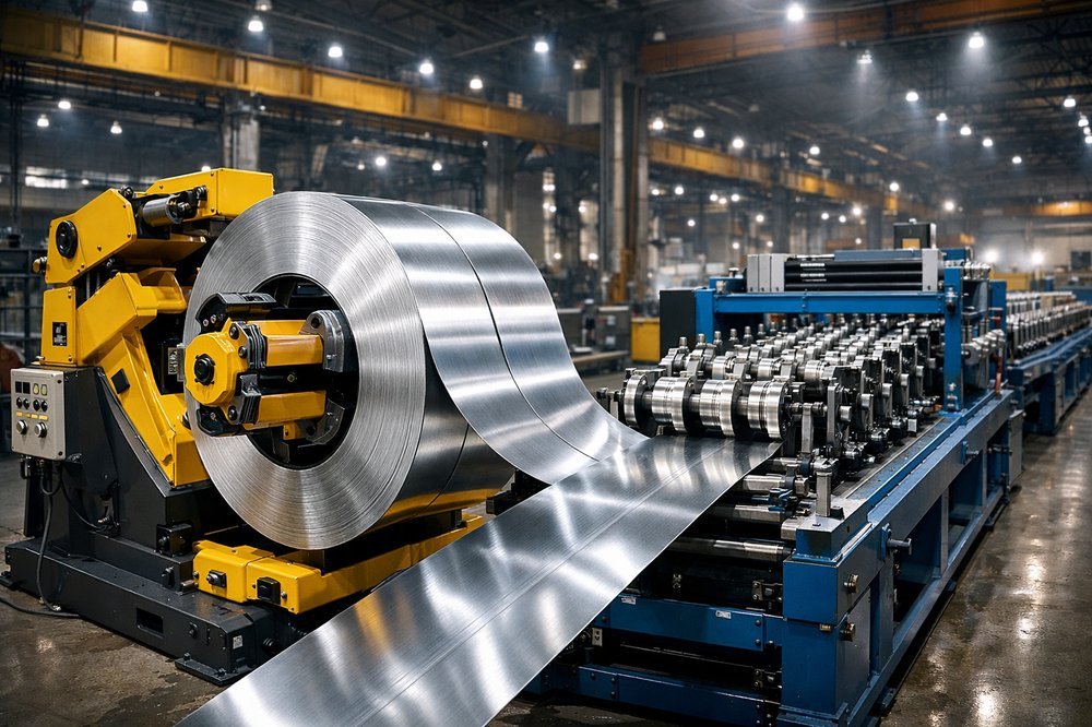 Heavy-duty automatic decoiler feeding high-precision steel coils into a roll forming line