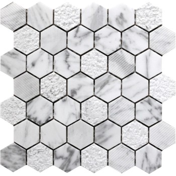 2''x 2''Bianco White Carrara Hexagon Polished Chiselled bush hammered Marble Mosaic