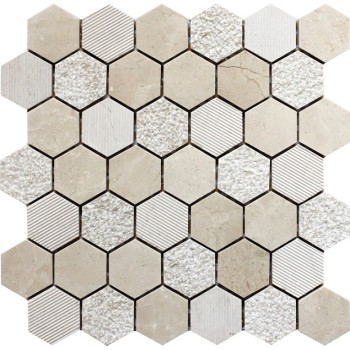 2''x 2''Cream Marfil Polished bush hammered Cheiselled Mix Hexagon Pattern