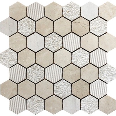 2''x 2''Cream Marfil Polished bush hammered Cheiselled Mix Hexagon Pattern