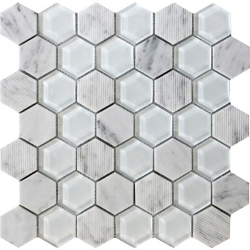 2''x 2 ''Bianco White Carrara and white glass Mix Hexagon Mosaic