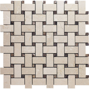 Crema Marfil Basketweave Mosaic with Emperrador Light Dots, Polished