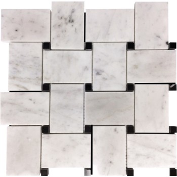 Large Basketweave Mosaic Tile Bianco Carrara Honed with Black Dots