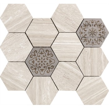 3''x 3'' hexagon Marble Mosaic tile Wooden Beige with Embossed marble chip,