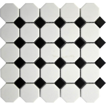 White Octagon with Black Dots Porcelain Mosaic Tile