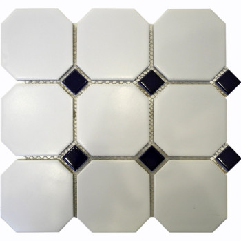 White Octagon with Black Dots Porcelain Mosaic Tile