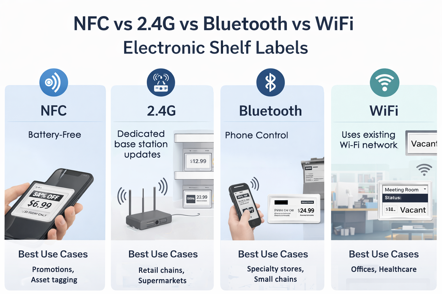 NFC vs 2.4G vs Bluetooth vs WiFi electronic shelf labels