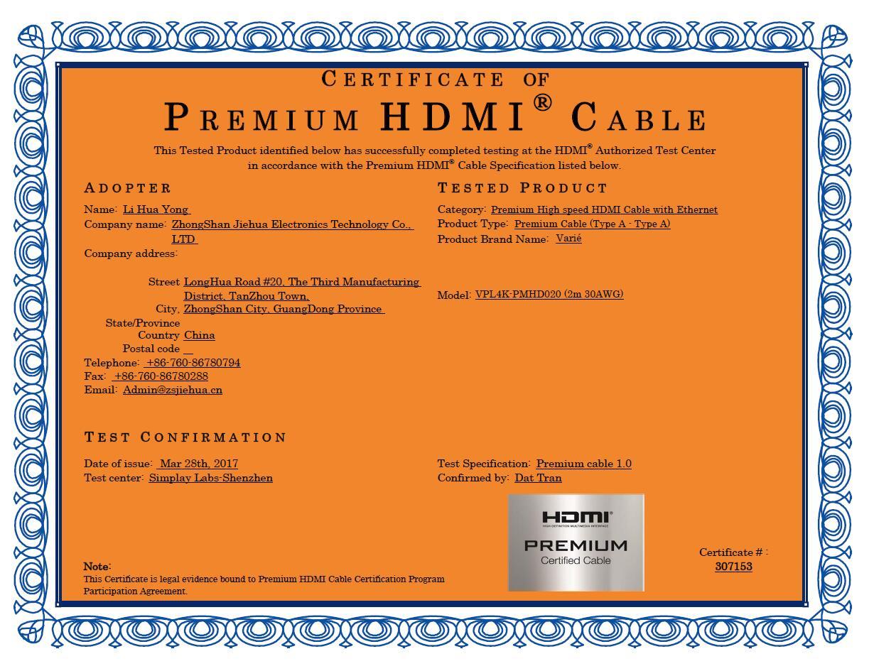 CERTIFICATE OF PREMIUM HDMI CABLE 2M