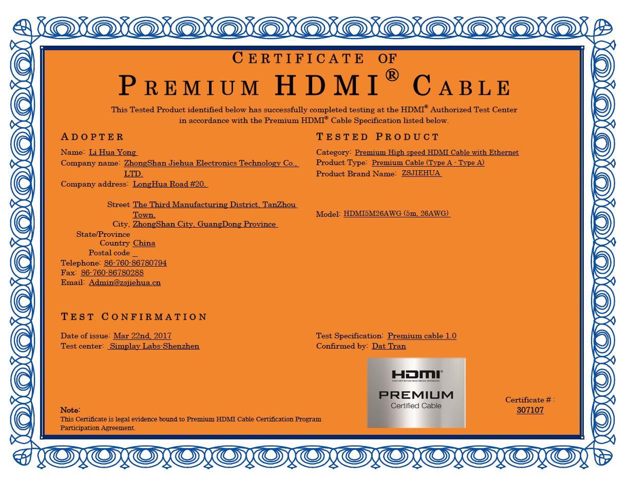CERTIFICATO DI PREMIUM HDMI CABLE 5M
