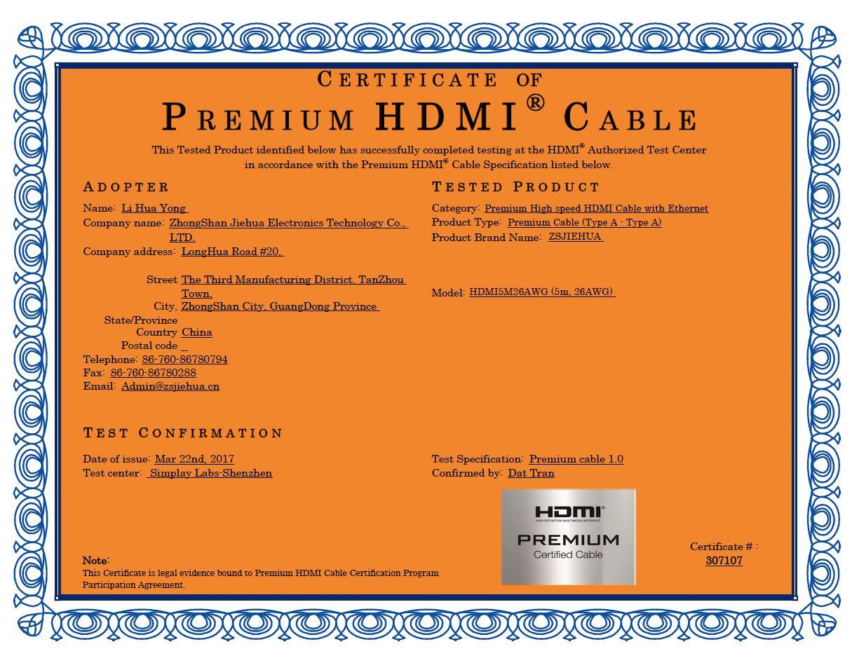 CERTIFICAT DE CABLE HDMI PREMIUM 5M