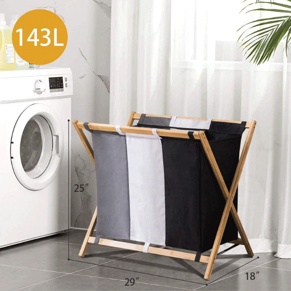 Oxford Cloth Three-color Wooden Bamboo Foldable Dirty Laundry Basket Bag Laundry 3 Section Basket