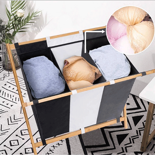 Oxford Cloth Three-color Wooden Bamboo Foldable Dirty Laundry Basket Bag Laundry 3 Section Basket