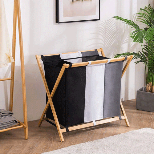 Oxford Cloth Three-color Wooden Bamboo Foldable Dirty Laundry Basket Bag Laundry 3 Section Basket