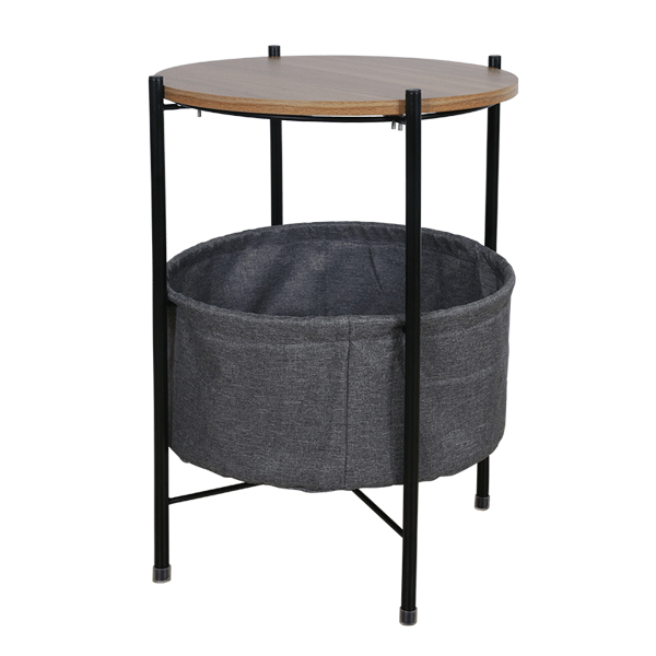 Simple Stylish Metal Round Side Table With Wooden Tray And Storage Bag 2 Tier Side Table