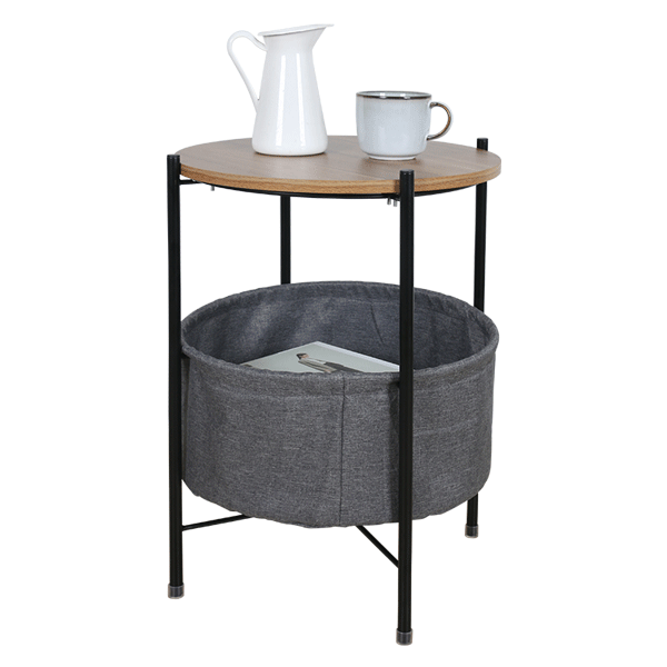Simple Stylish Metal Round Side Table With Wooden Tray And Storage Bag 2 Tier Side Table