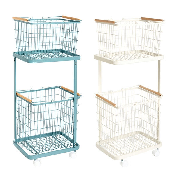 Amazon 2-Tier Metal Wire Trolley Basket Hampers Bathroom Storage Iron Laundry Basket With Wheels