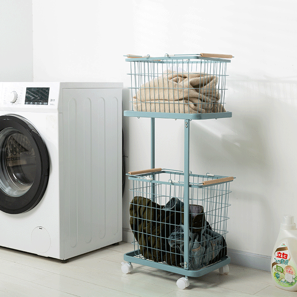 Amazon 2-Tier Metal Wire Trolley Basket Hampers Bathroom Storage Iron Laundry Basket With Wheels