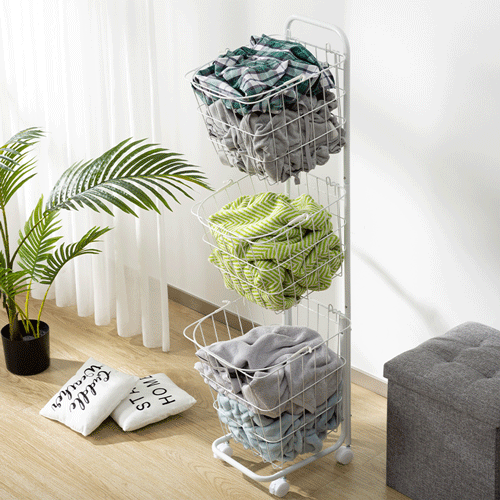 Waterproof 3 Storage Metal Laundry Basket Multipurpose Wire Basket For Storage 3 Compartments With Wheel