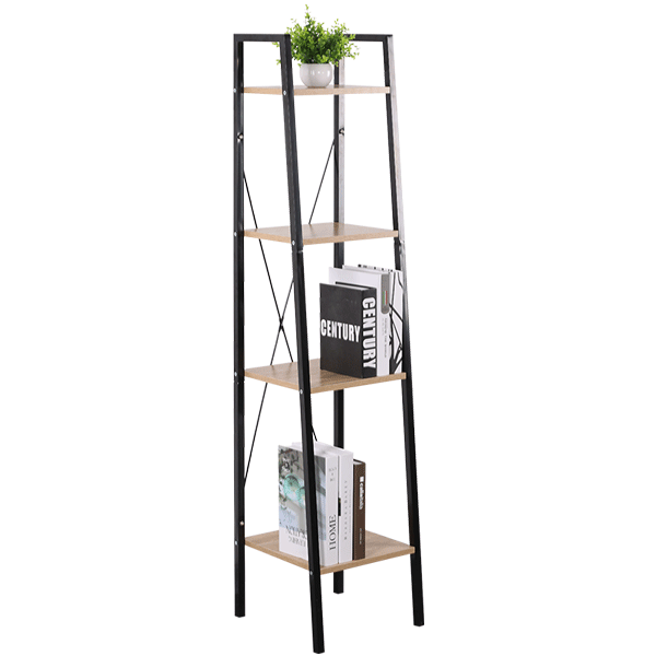 Modern Antique 4 Tier Metal Standing Bookcase Decorative Industrial Wood Ladder Book Shelf for Living Room