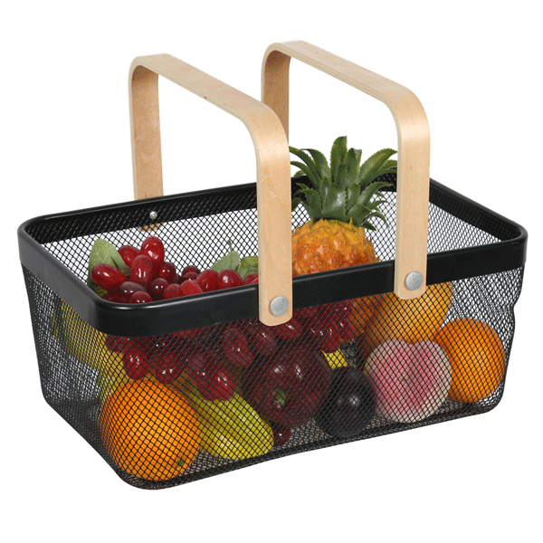 Customize 2021 High Quality Kitchen Fruit Storage Basket With Wooden Handle Mesh basket
